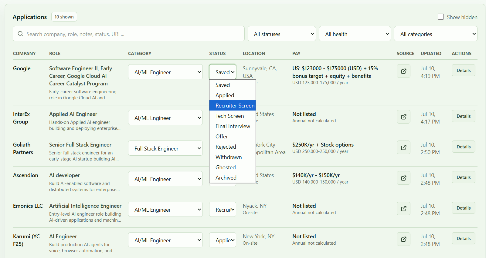 Job Pilot application board with status lanes