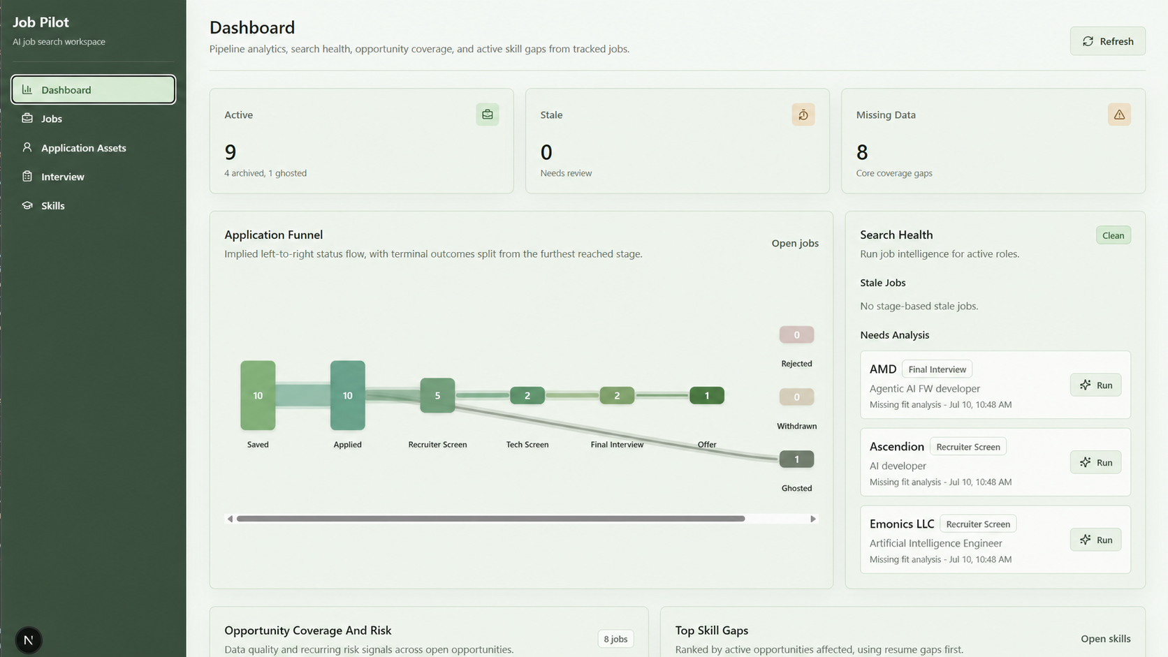 Job Pilot dashboard: applications, statuses, and activity