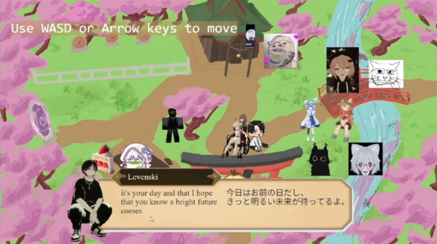 Friend NPC dialogue box with bilingual English and Japanese subtitles under the sakura garden