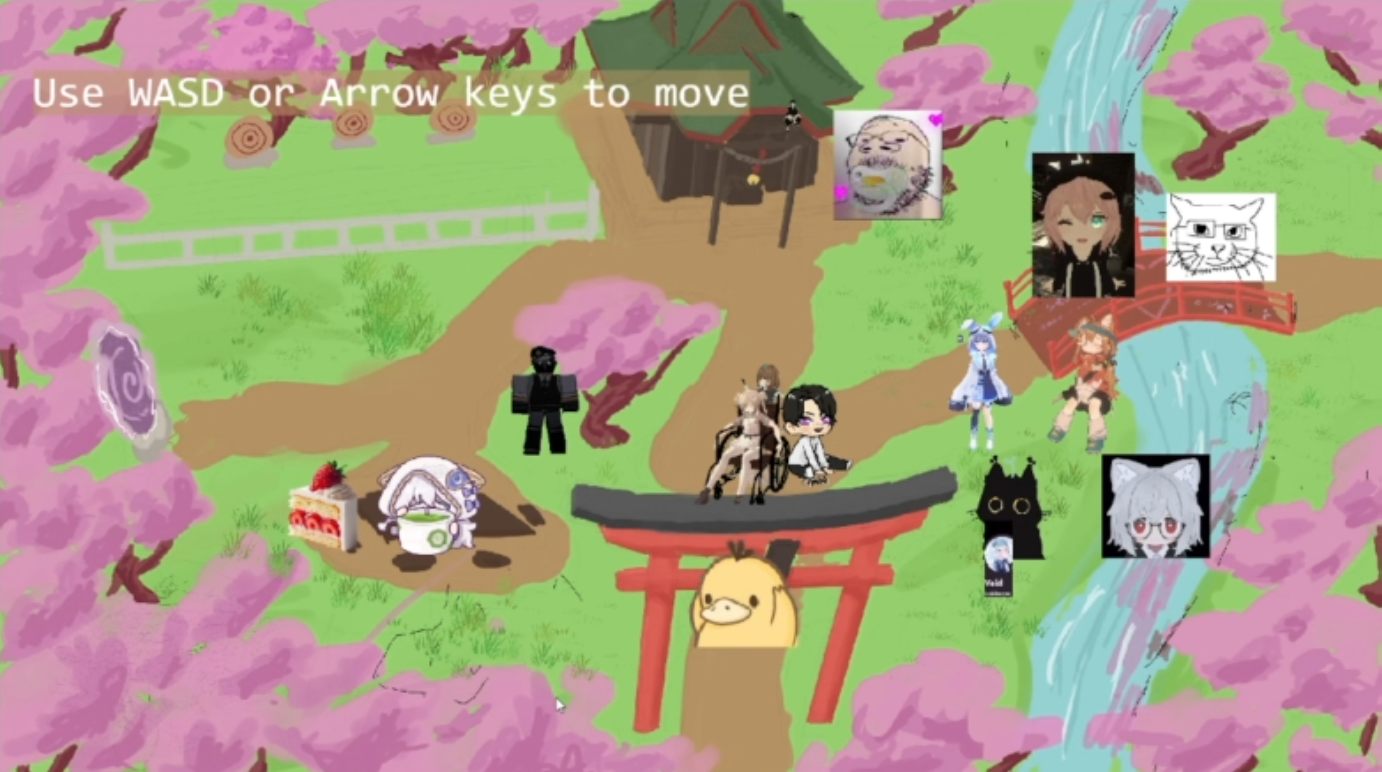 Birthday Shrine gameplay: shrine-garden overworld with friend NPCs