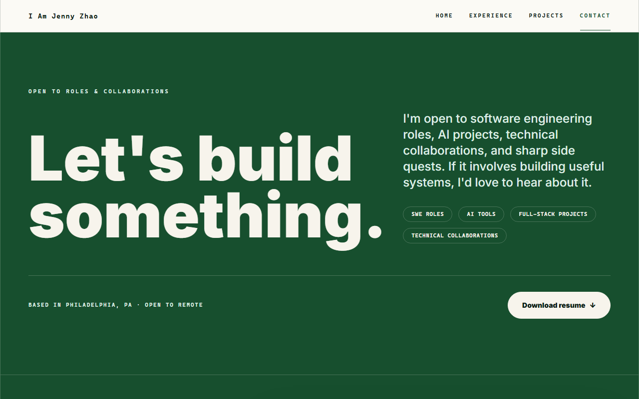 Contact page with the forest-green hero and direct links