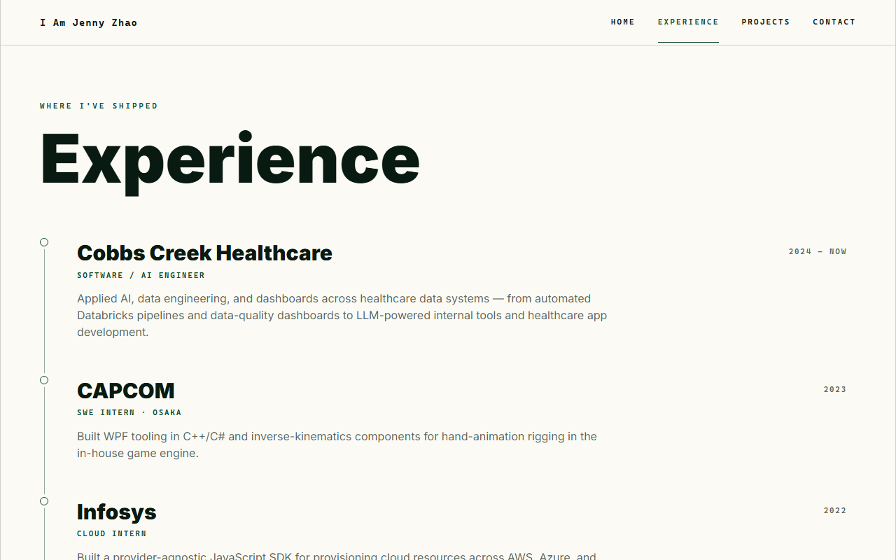 Experience index with the timeline of roles from Cobbs Creek Healthcare to MIT Media Lab