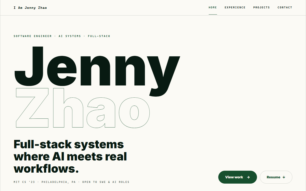This site’s home page hero with the oversized Jenny Zhao wordmark